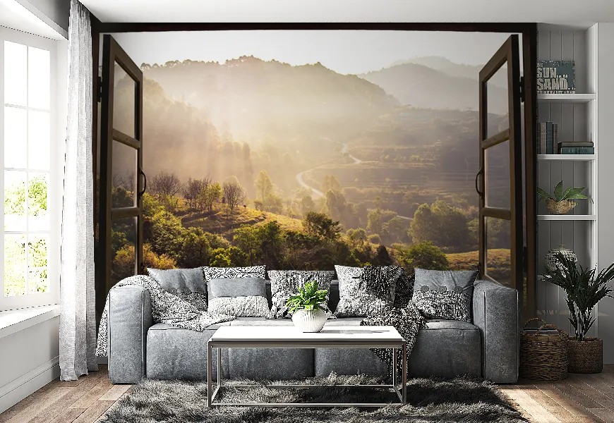 کاغذ دیواری سه بعدی طرح پنجره | کاغذ دیواری سه بعدی طرح پنجره