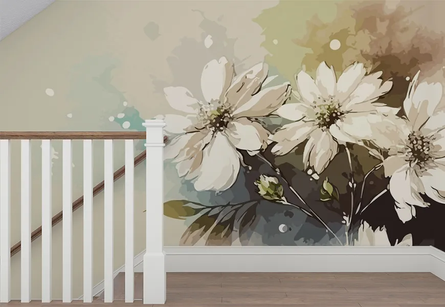 پوستر دیواری سه بعدی مدرن راه پله طرح گل شقایق سفید