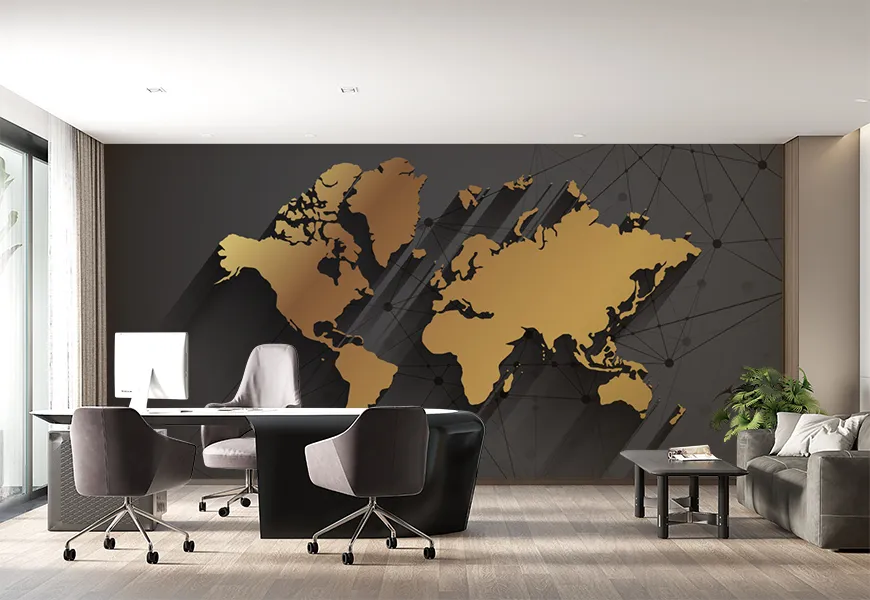 پوستر دیواری سه بعدی لاکچری اداری طرح نقشه طلایی جهان