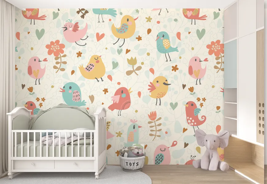 کاغذ دیواری اتاق نوزاد طرح پرندگان و گل ها