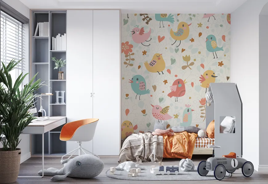 کاغذ دیواری اتاق نوزاد طرح پرندگان و گل ها