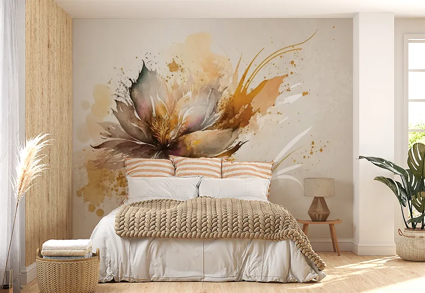کاغذ دیواری سه بعدی نقاشی آبرنگ طرح تک گل طلایی