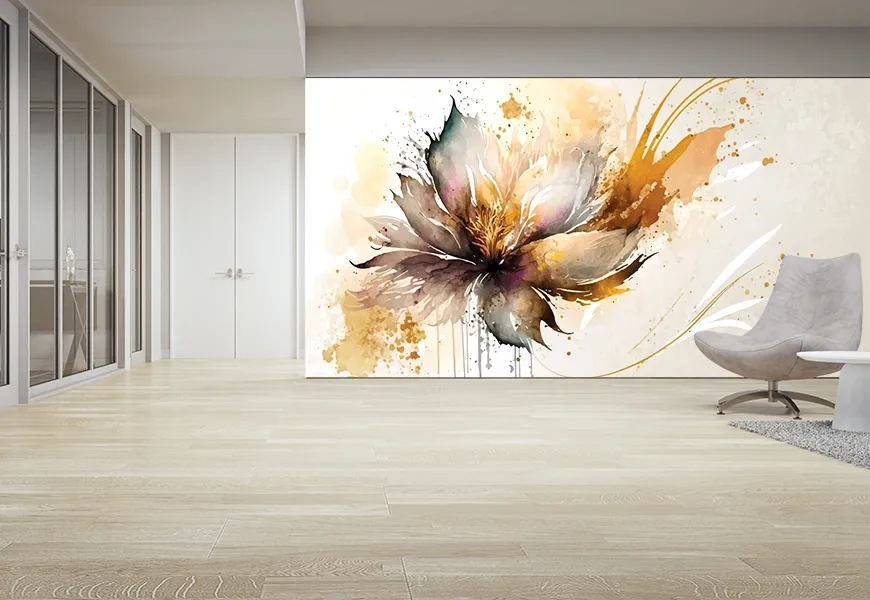کاغذ دیواری سه بعدی نقاشی آبرنگ طرح تک گل طلایی