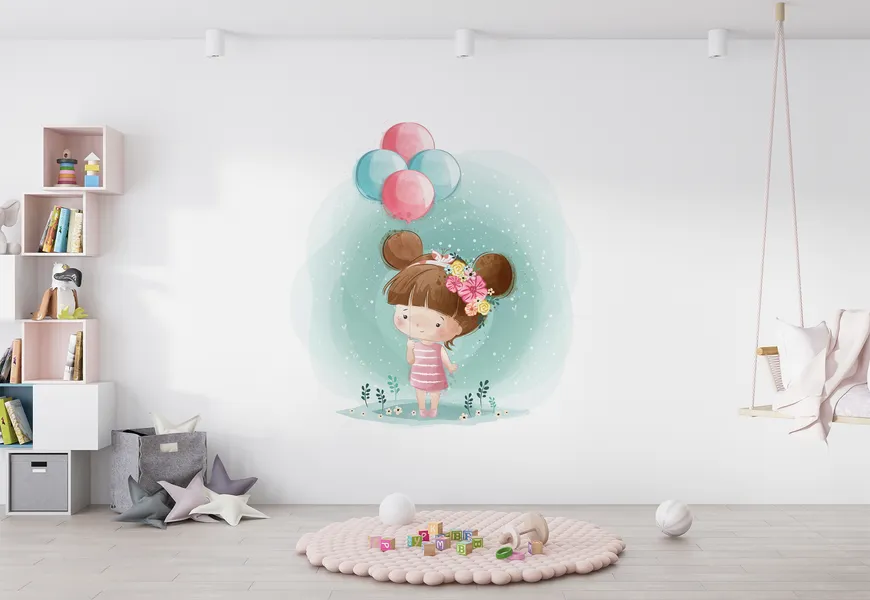 کاغذ دیواری سه بعدی نقاشی دخترک و بادکنک
