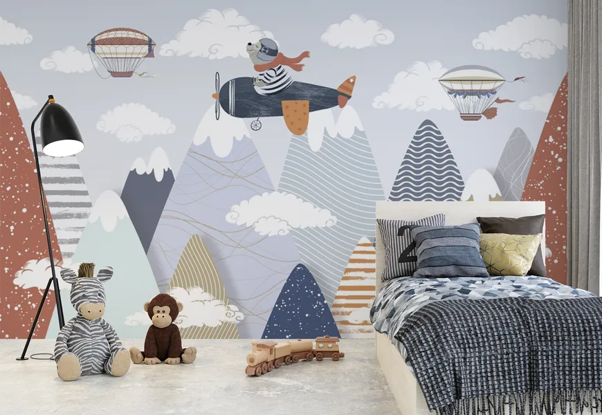 کاغذ دیواری سه بعدی اتاق کودک طرح خرس خلبان
