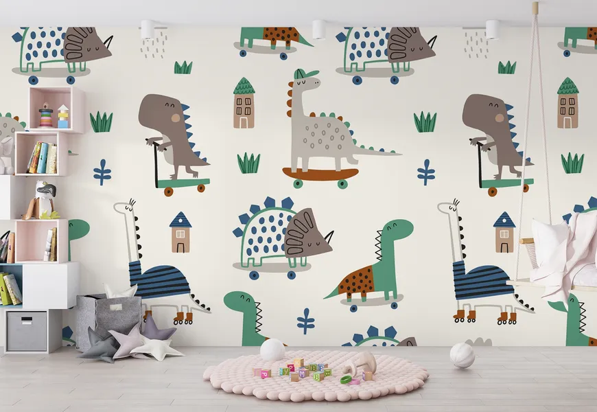 کاغذ دیواری سه بعدی اتاق کودک دایناسور اسکیت سوار