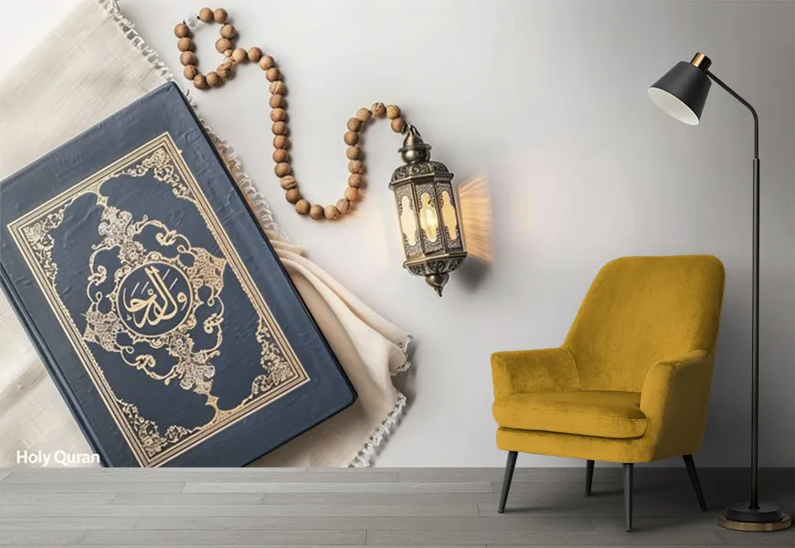 کاغذ دیواری مذهبی طرح فانوس در کنار قرآن