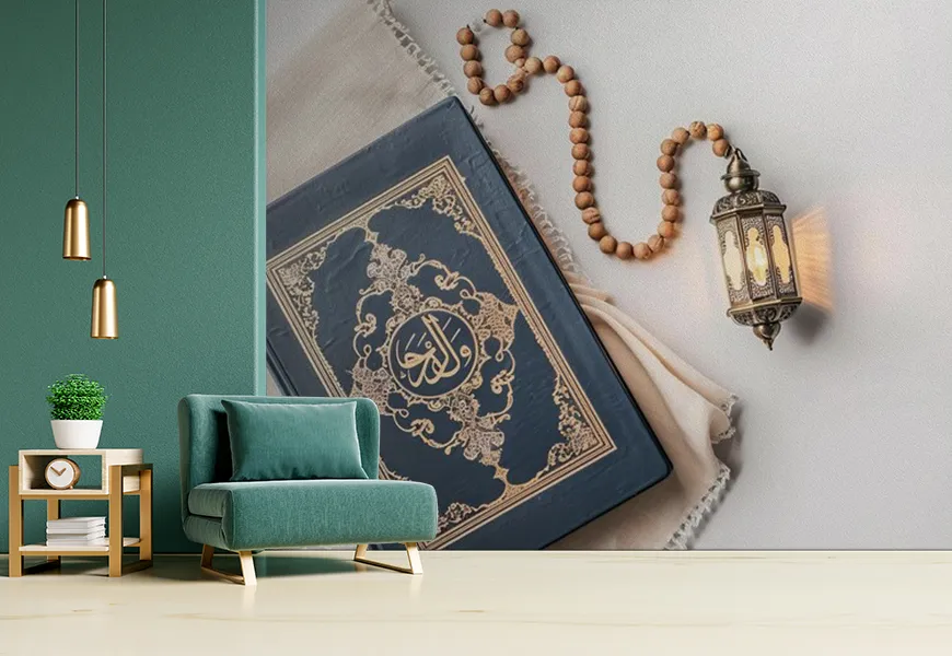 کاغذ دیواری مذهبی طرح فانوس در کنار قرآن