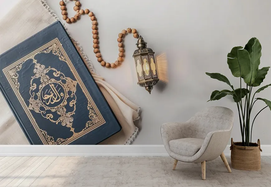 کاغذ دیواری مذهبی طرح فانوس در کنار قرآن
