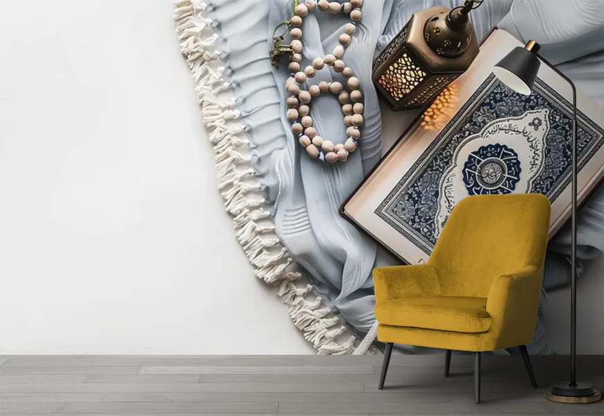 کاغذ دیواری مذهبی طرح تسبیح درکنار قرآن