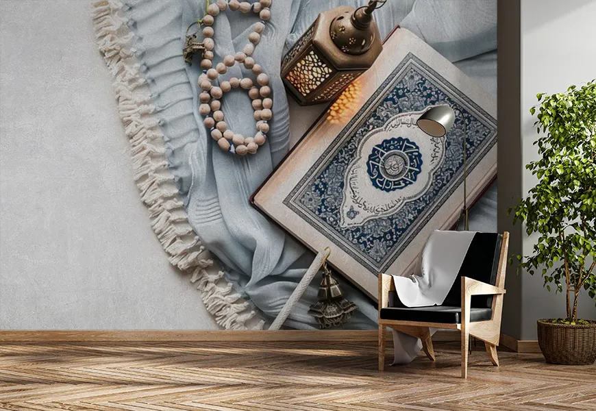 کاغذ دیواری مذهبی طرح تسبیح درکنار قرآن