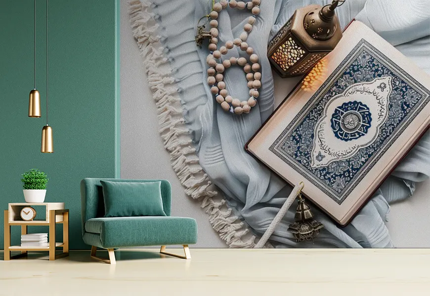 کاغذ دیواری مذهبی طرح تسبیح درکنار قرآن