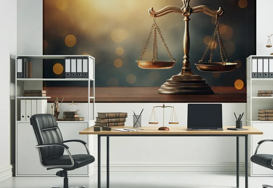 کاغذ دیواری 3 بعدی دفتر وکالت طرح ترازوی عدالت