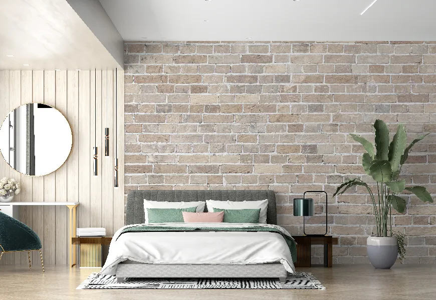 پوستر دیواری سه بعدی اتاق خواب طرح آجری روشن