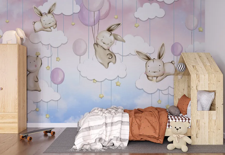 کاغذ دیواری 3 بعدی بچه خرگوش ها روی ابرها