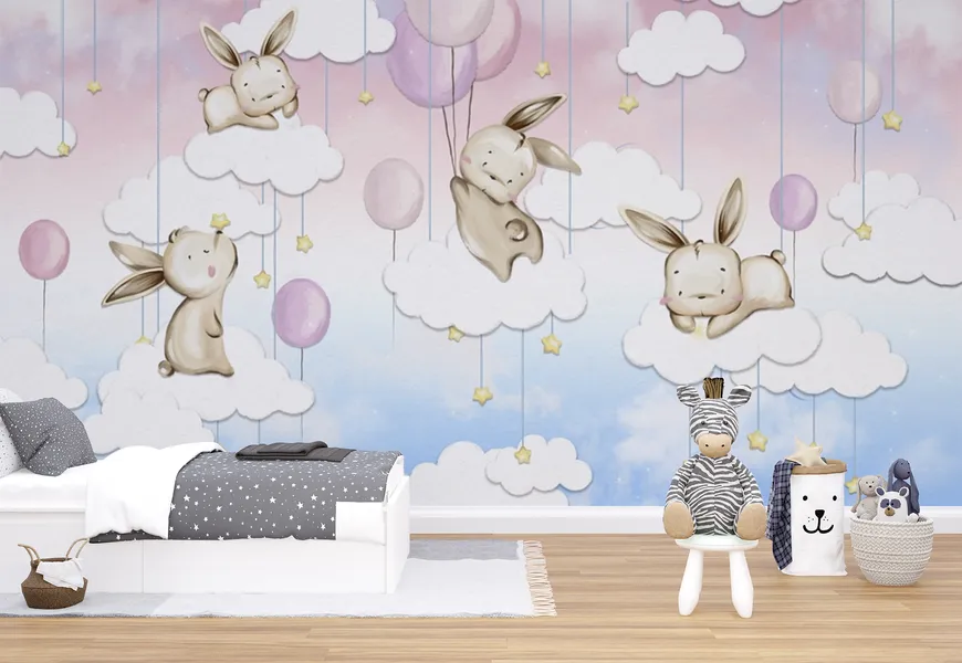 کاغذ دیواری 3 بعدی بچه خرگوش ها روی ابرها