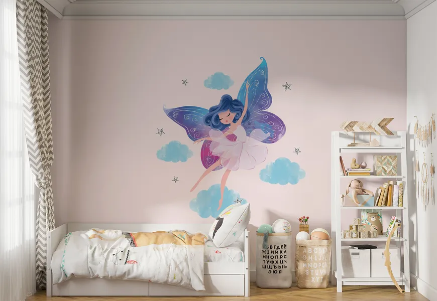 پوستر دیواری 3 بعدی دختر پروانه ای روی ابرها