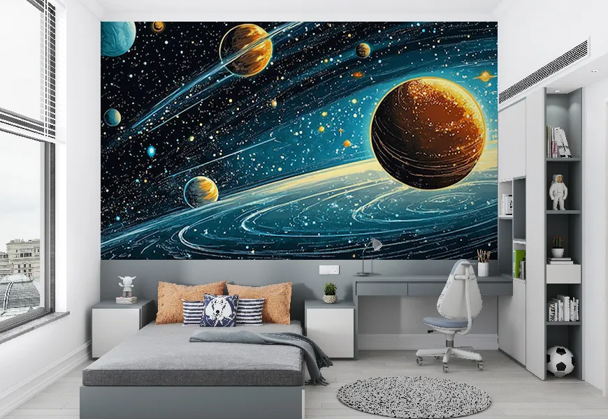 پوستر دیواری کلوز آپ اتاق پسر طرح کهکشانی