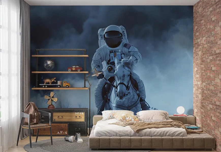 کاغذدیواری کهکشانی اتاق خواب طرح فضانورد اسب سوار