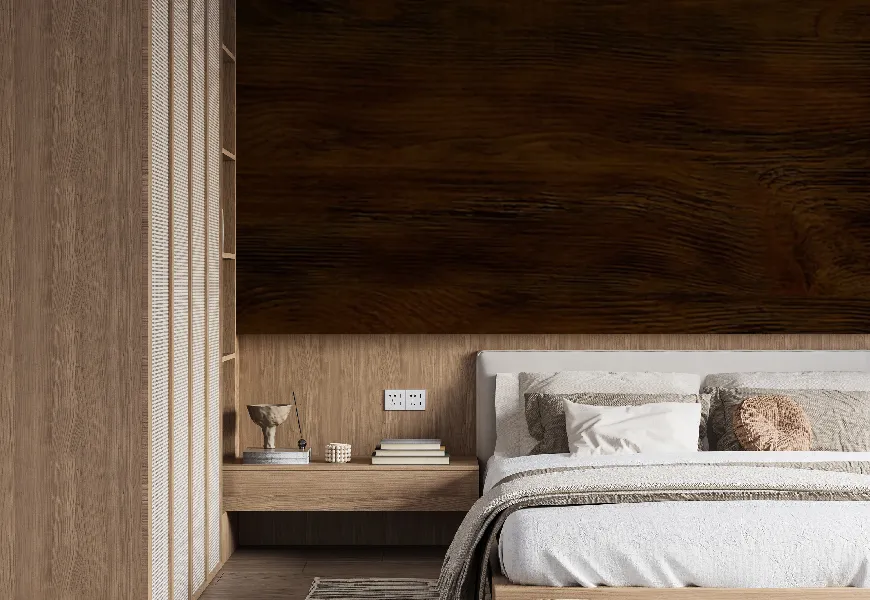 پوستر 3 بعدی اتاق خواب طرح چوب قهوه ای تیره