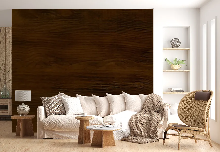 پوستر 3 بعدی پذیرایی طرح چوب قهوه ای تیره