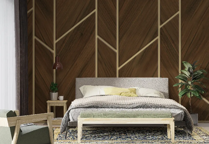 کاغذ دیواری چوبی اتاق خواب طرح هندسی