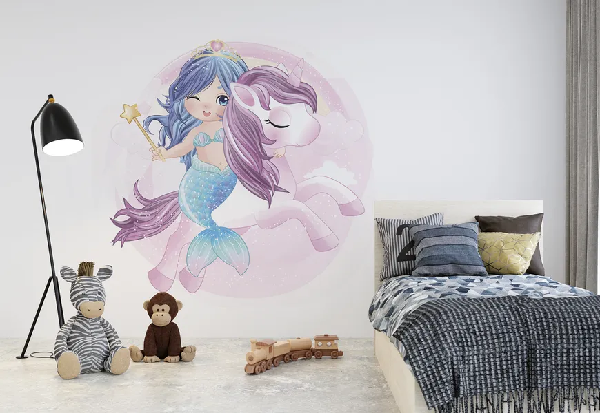 پوستر دیواری 3 بعدی دخترانه پری دریایی و اسب تک شاخ