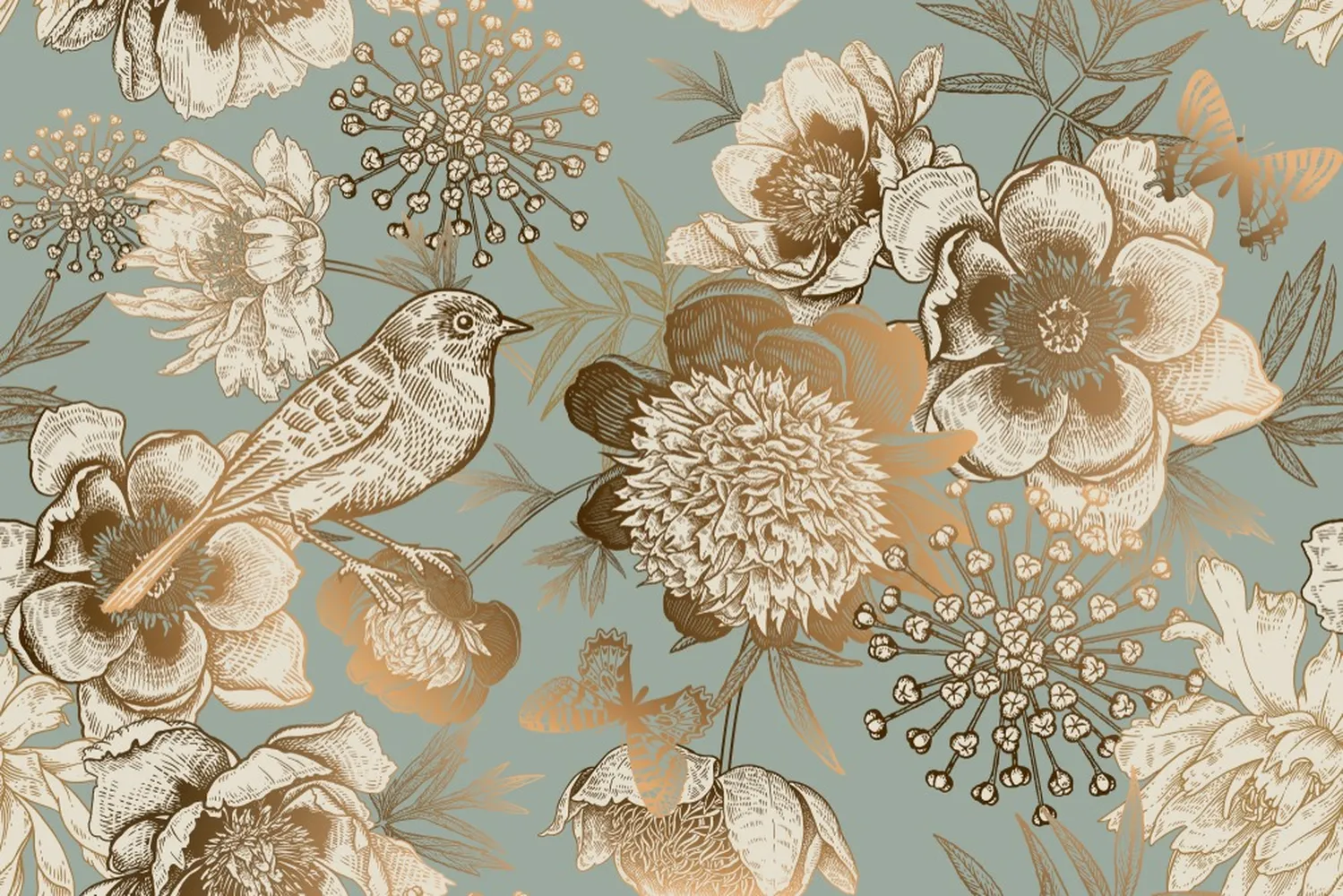 پوستر دیواری لوکس طرح گل و پرنده طلایی