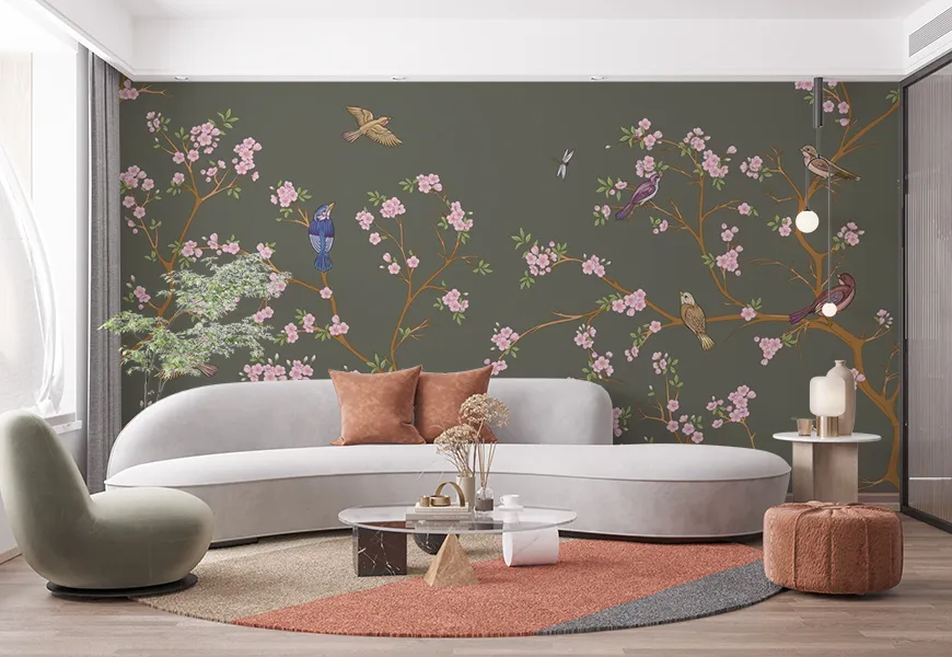 کاغذ دیواری سنتی طرح شکوفه های گیلاس و گنجشک