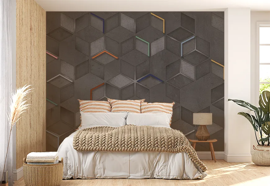 پوستر دیواری مدرن طرح هندسی شش ضلعی مکعبی زمیته تیره