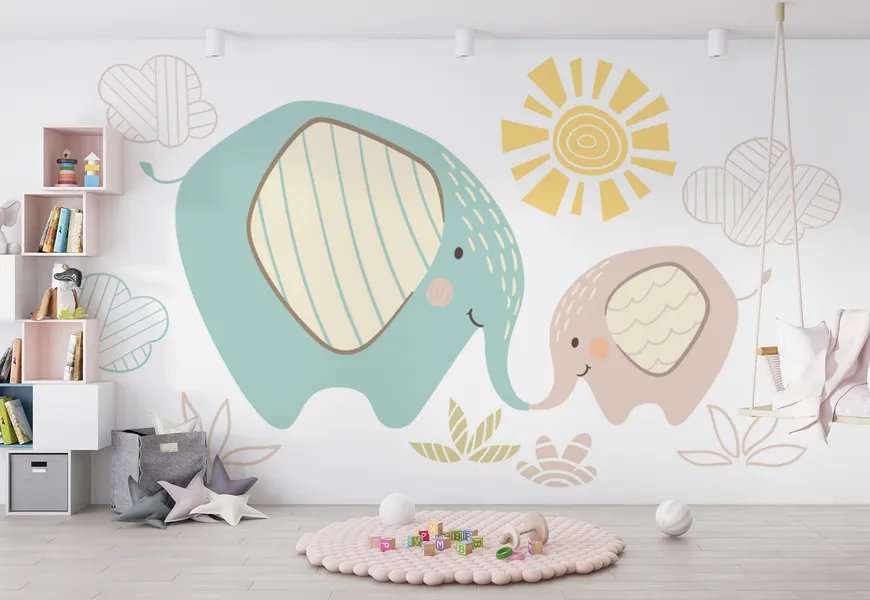 کاغذ دیواری سه بعدی طرح بچه فیل و مادرش