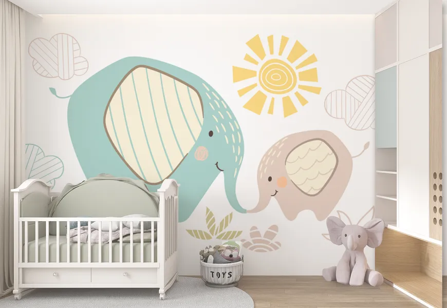 کاغذ دیواری سه بعدی طرح بچه فیل و مادرش