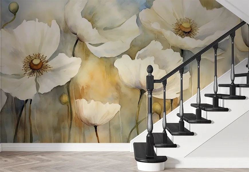کاغذ دیواری مدرن راه پله طرح گل شقایق