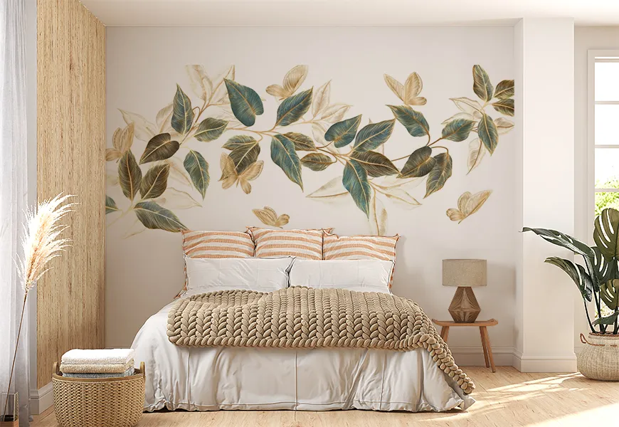 پوستر دیواری برگ های استوایی و پروانه