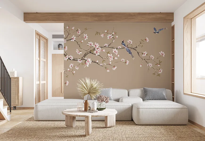 پوستر سنتی طرح گل های شکوفه گیلاس و پرنده