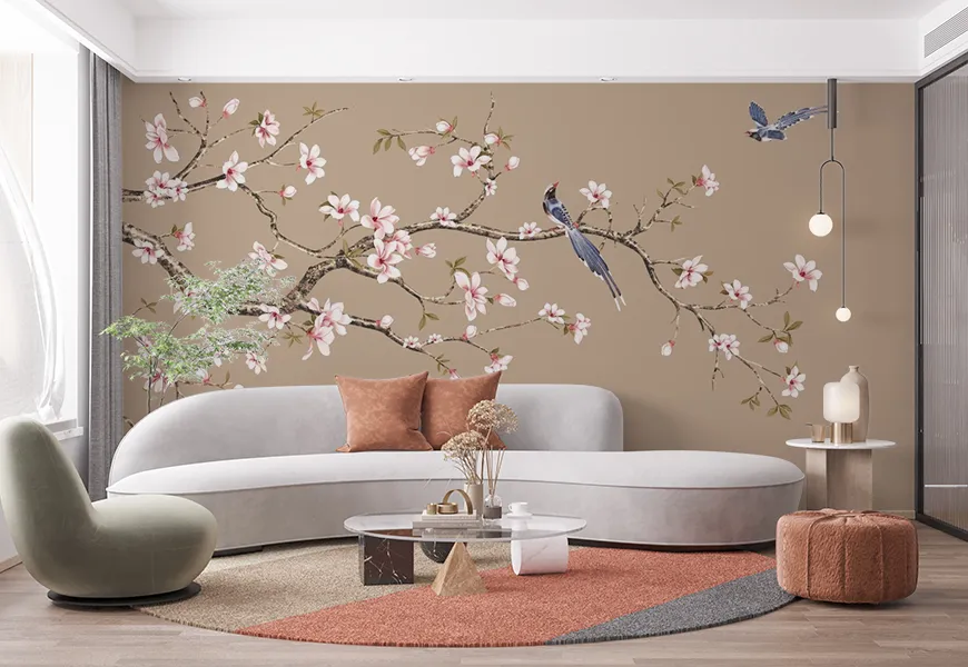 پوستر سنتی طرح گل های شکوفه گیلاس و پرنده