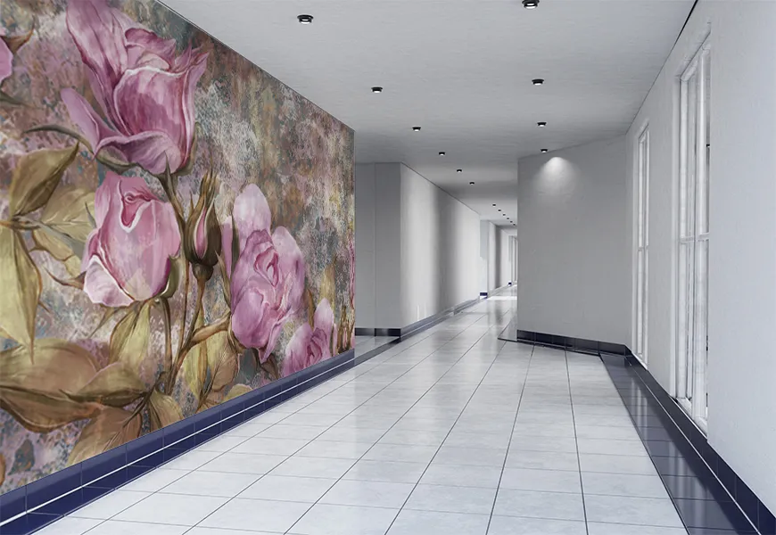 کاغذ دیواری نقاشی آبرنگ طرح گل رز روی زمینه پتینه