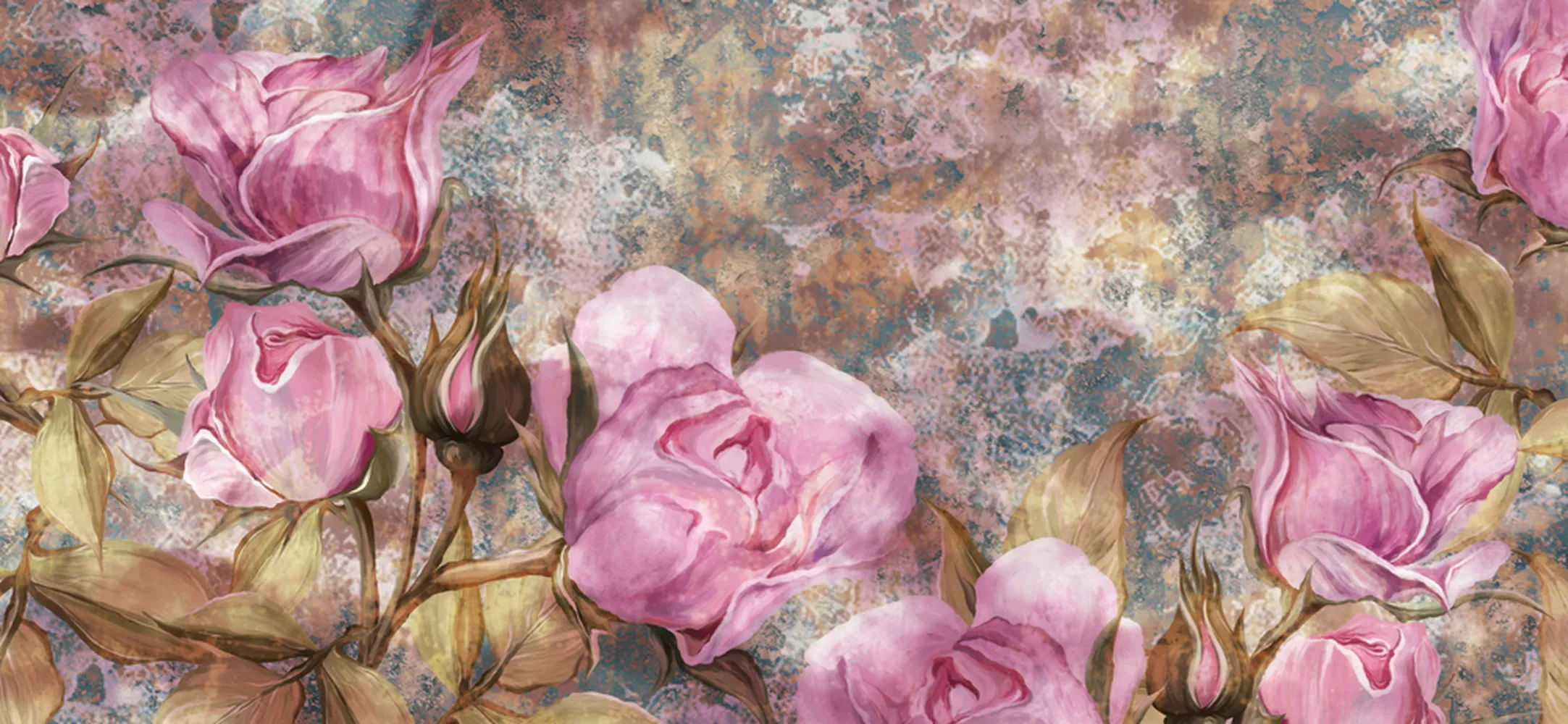 کاغذ دیواری نقاشی آبرنگ طرح گل رز روی زمینه پتینه