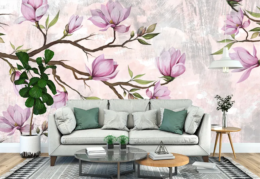 کاغذ دیواری سنتی طرح گل های شکوفه گیلاس زمینه آبرنگی
