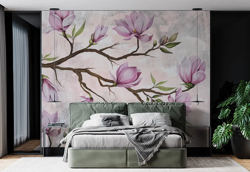 کاغذ دیواری سنتی طرح گل های شکوفه گیلاس زمینه آبرنگی