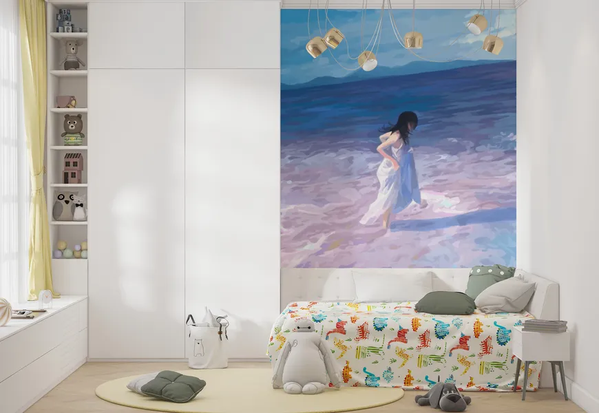 کاغذ دیواری 3 بعدی نقاشی آبرنک دختر در دریا