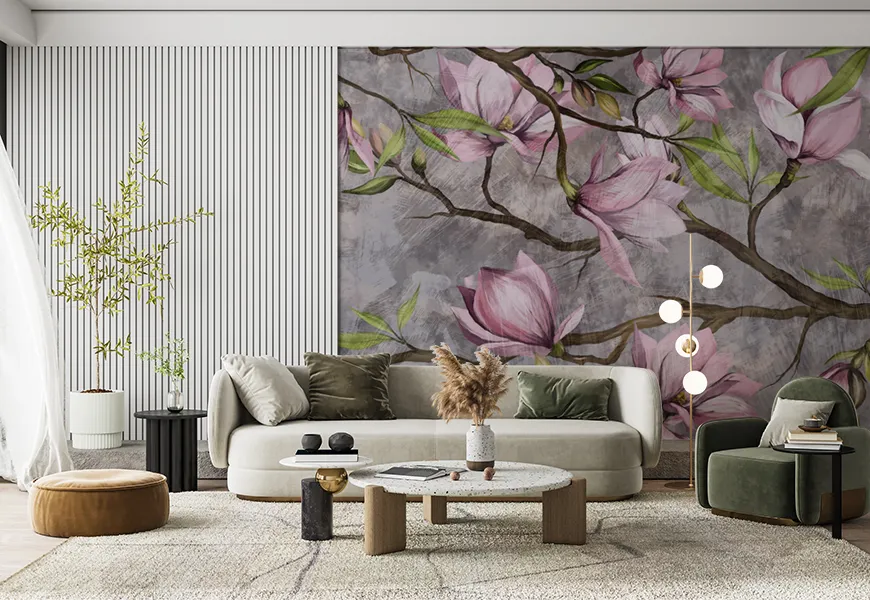 پوستر دیواری مدرن پذیرای طرح شاخه شکوفه گیلاس روی زمینه آبرنگ