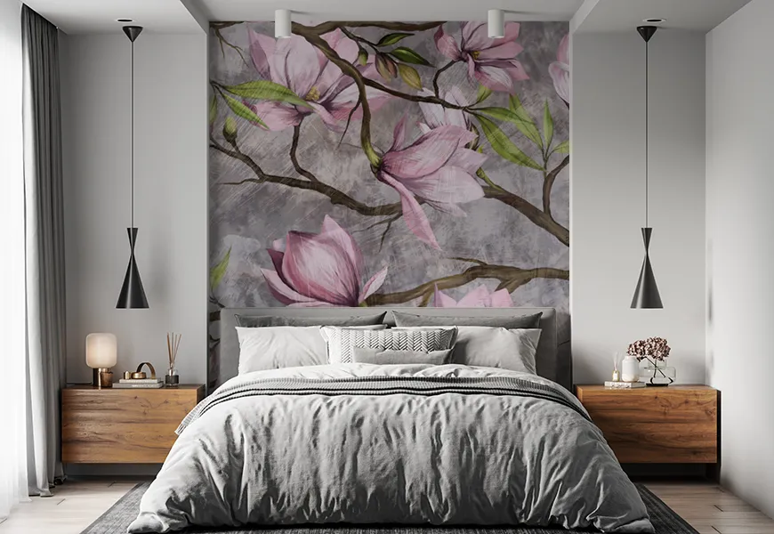 پوستر دیواری مدرن اتاق خواب طرح شاخه شکوفه گیلاس روی زمینه آبرنگ