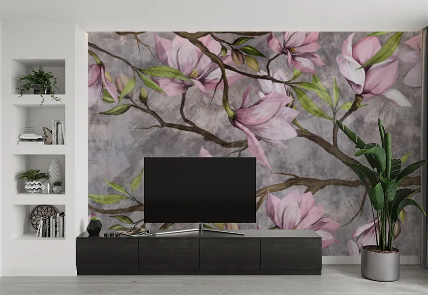 پوستر دیواری مدرن پشت تیوی طرح شاخه شکوفه گیلاس روی زمینه آبرنگ