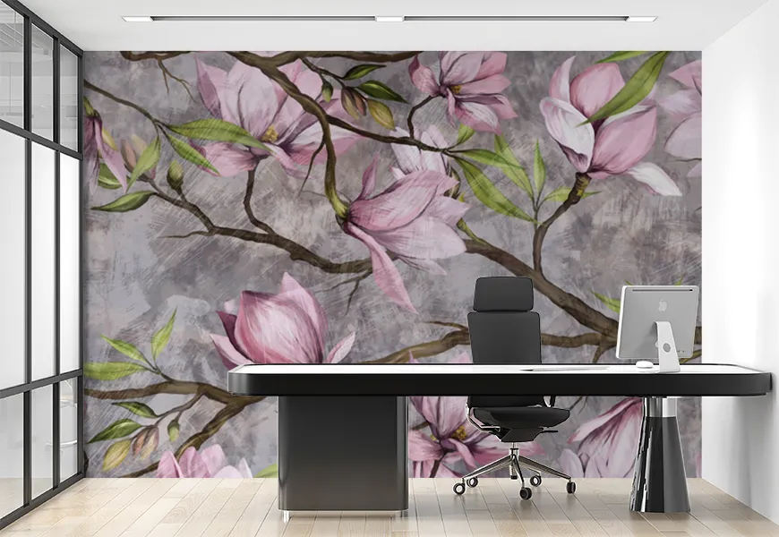 پوستر دیواری طرح شاخه شکوفه گیلاس روی زمینه آبرنگ