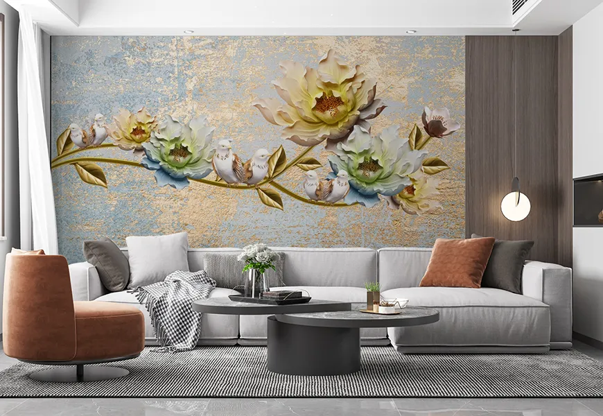 کاغذ دیواری کلاسیک طرح گل و مرغ با زمینه پتینه طلایی