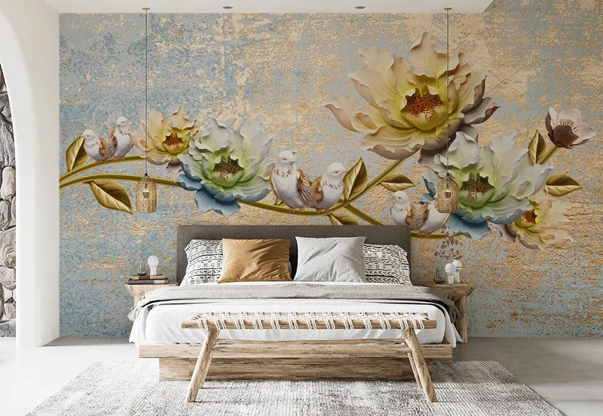 کاغذ دیواری کلاسیک اتاق خواب طرح گل و مرغ با زمینه پتینه طلایی