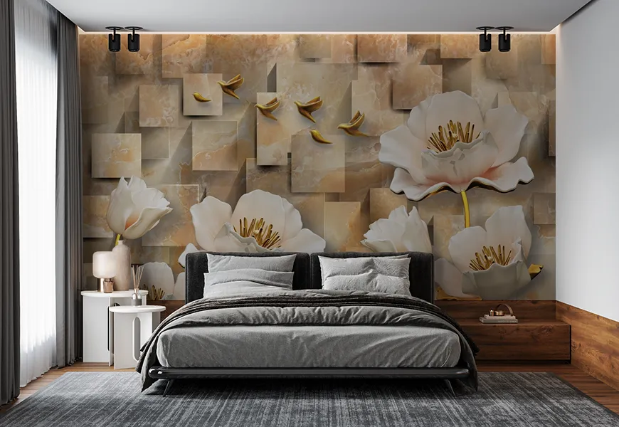 کاغذ دیواری کلاسیک طرح گل رز طلایی و پرنده پس زمینه سنگی