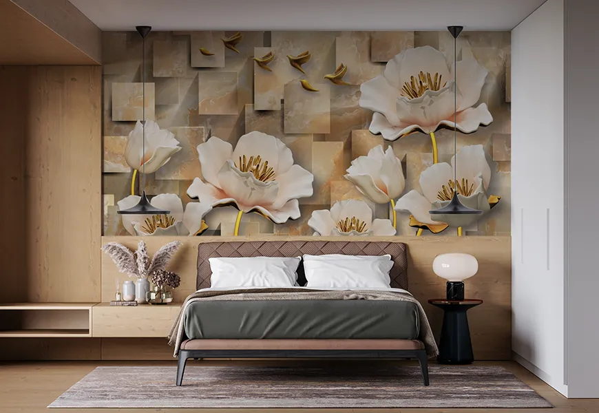 کاغذ دیواری کلاسیک طرح گل رز طلایی و پرنده پس زمینه سنگی