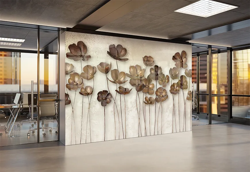 کاغذ دیواری کلاسیک طرح گل قهوه ای برجسته زمینه پتینه